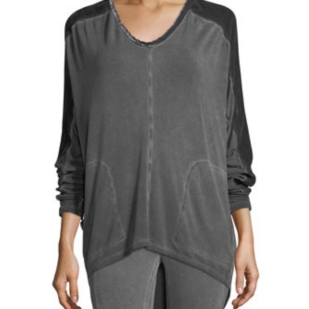 XCVI Orenda Ruched Velvet Panel Top Charcoal Gray 2X
